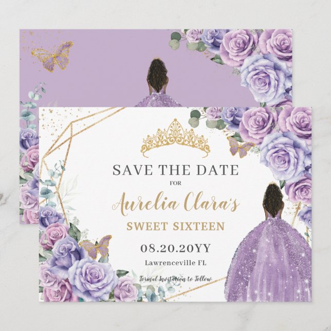 Lila Lilac Blommigt Guld Quinceanera Sweet sixteen Spara Datumet (Fram/baksida)