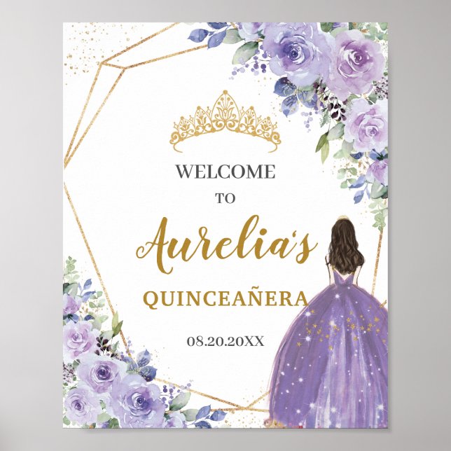 Lila Lilac Blommigt Guld Quinceañera Välkommen Poster (Framsidan)