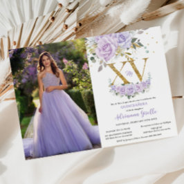 Lila Lilac Blommigt Guld XV Quinceañera 15 Photo Inbjudningar