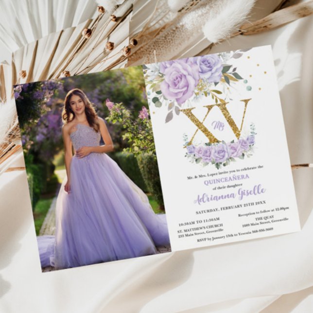 Lila Lilac Blommigt Guld XV Quinceañera 15 Photo Inbjudningar (Skapare uppladdad)