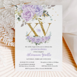 Lila Lilac Blommigt Guld XV Quinceañera Quince 15 Inbjudningar