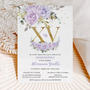 Lila Lilac Blommigt Guld XV Quinceañera Quince 15 Inbjudningar