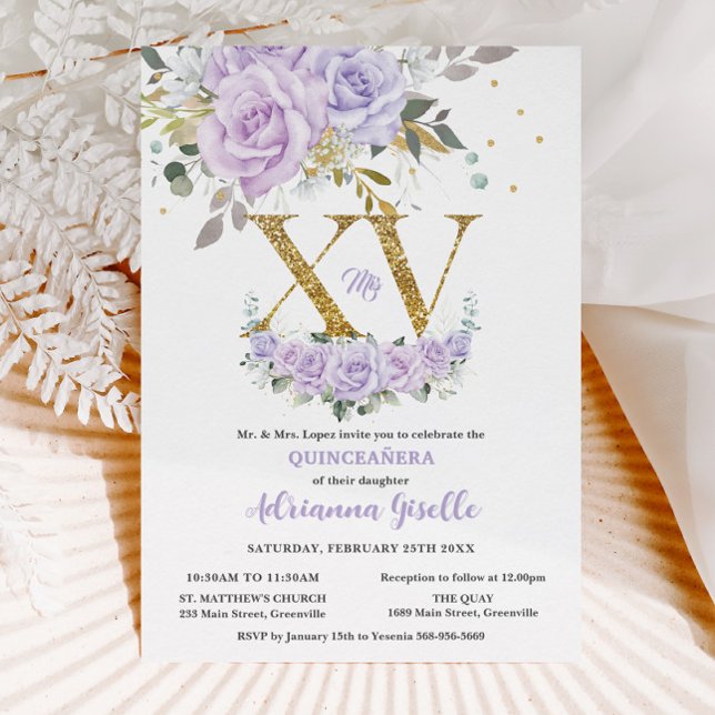Lila Lilac Blommigt Guld XV Quinceañera Quince 15 Inbjudningar (Skapare uppladdad)