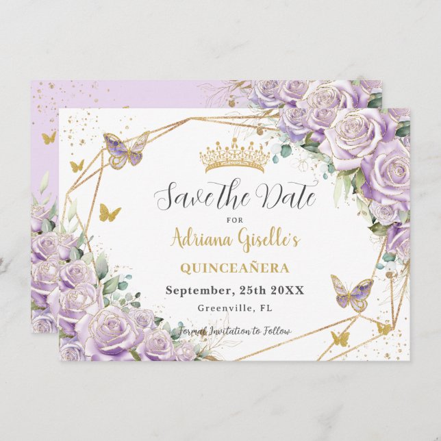 Lila Lilac Blommigt Princess Guld Quinceañera Spara Datumet (Fram/baksida)