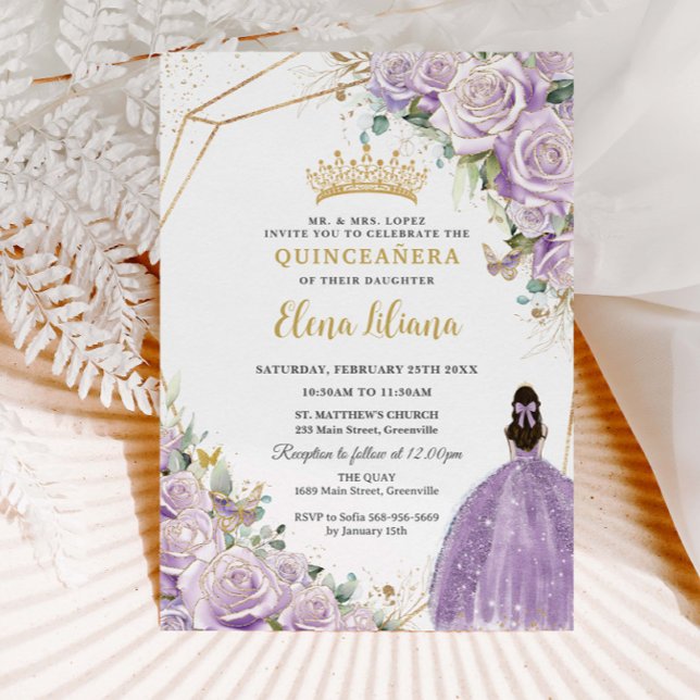 Lila Lilac Blommigt Princess Guld Quinceañera XV Inbjudningar (Skapare uppladdad)