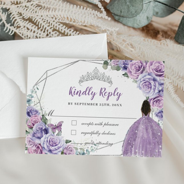 Lila Lilac Blommigt Princess Quinceañera Reply OSA Kort (lavender purple lilac roses floral flowers brown black girl Quinceañera sweet 16 rsvp reply cards)