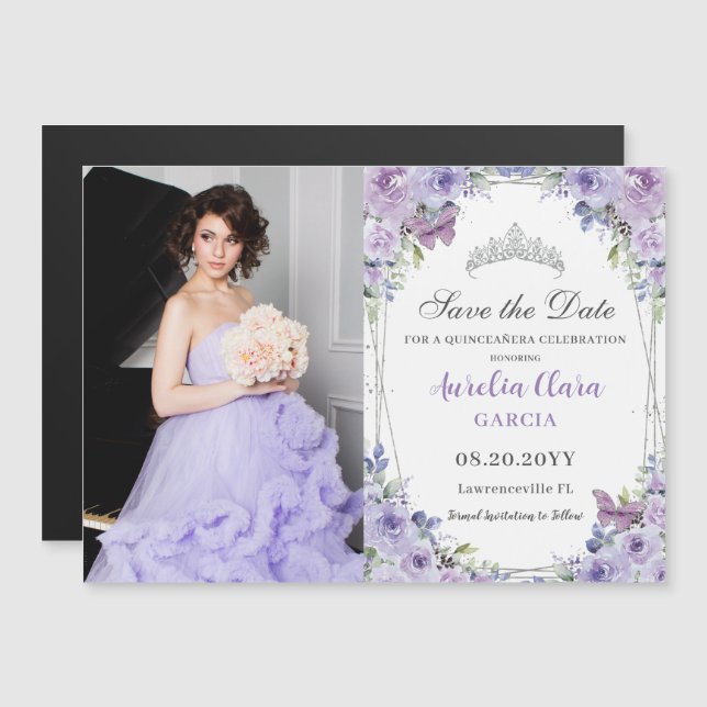 Lila Lilac Blommigt Quinceañera 16:e Spara datum (Fram/baksida)