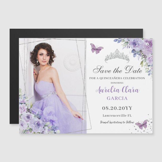 Lila Lilac Blommigt Quinceañera 16:e Spara datum (Fram/baksida)