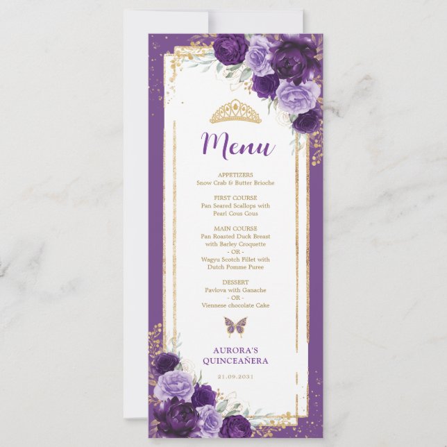 Lila Lilac Blommigt Quinceanera Birthday Menu Card Inbjudningar (Framsida)