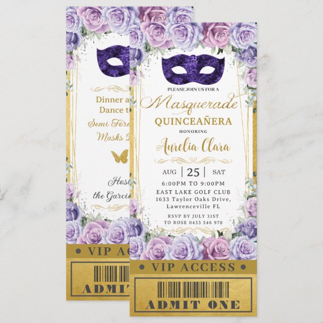 Lila Lilac Blommigt Quinceañera MasqueraBiljett Inbjudningar (Fram/baksida)
