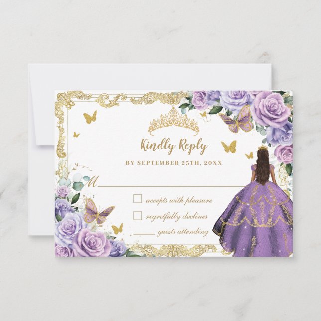 Lila Lilac Blommigt Quinceañera Princess Guld OSA Kort (Framsida)