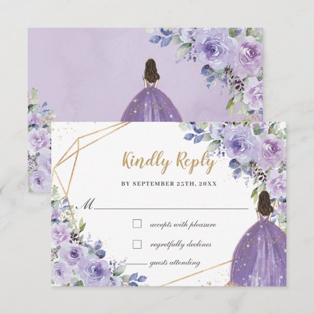 Lila Lilac Blommigt Quinceañera Princess Reply Rep OSA Kort (Fram/baksida)