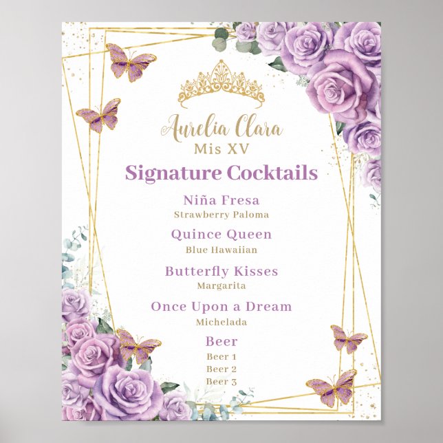 Lila Lilac Blommigt Quinceanera Pub Cocktail Menu Poster (Framsidan)