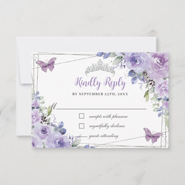Lila Lilac Blommigt Quinceañera Silver Butterflies OSA Kort (Framsida)