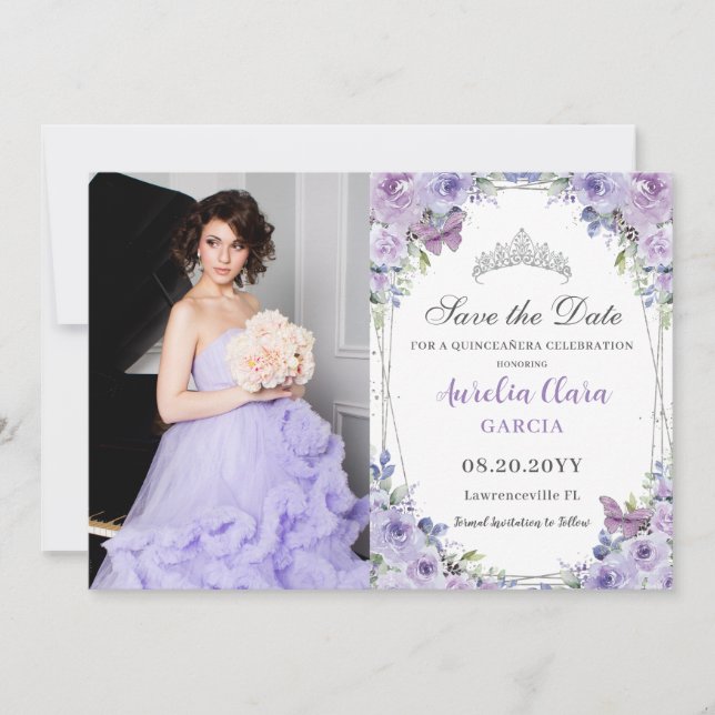 Lila Lilac Blommigt Quinceañera Sweet 16 Bild Spara Datumet (Framsida)
