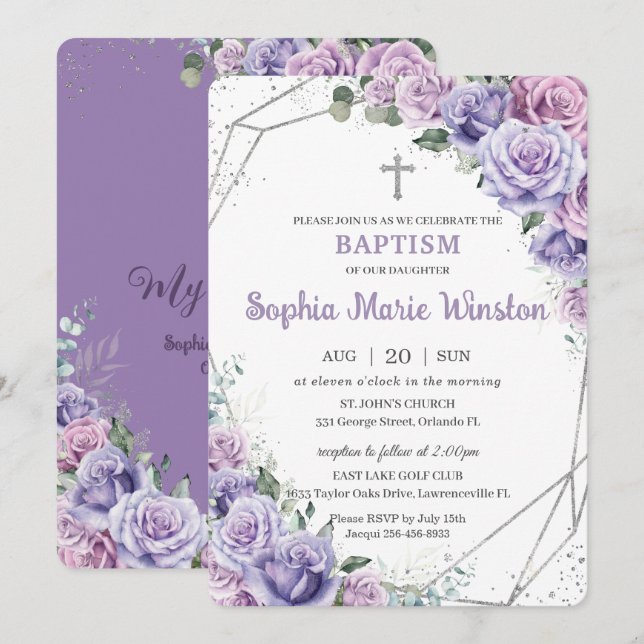 Lila Lilac Blommigt Silver Baptism Christening Inbjudningar (Fram/baksida)