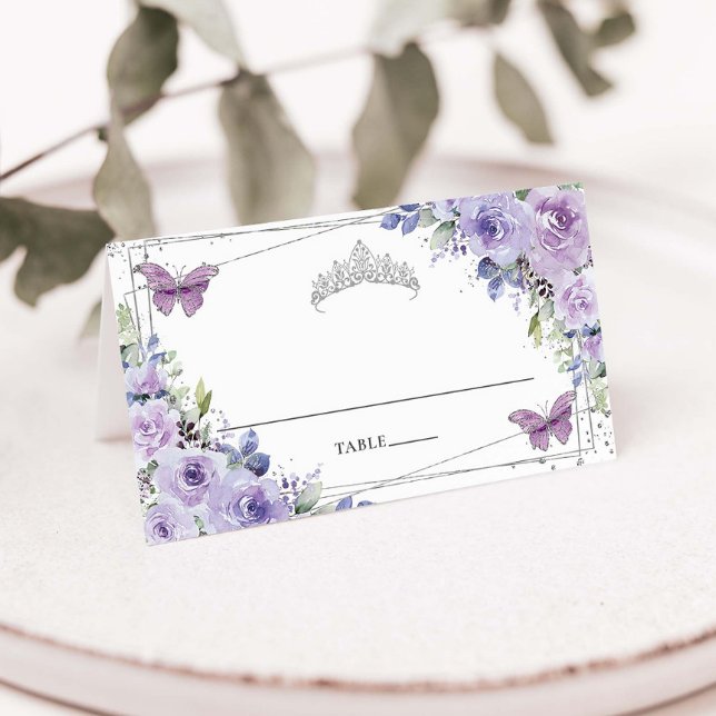 Lila Lilac Blommigt Silver Quinceañera 16 födelsed Placeringskort (purple-lilac-lavender-floral-silver-sweet-16-birthday-quinceanera-xv-bat-mitzvah-folded-place-cards)