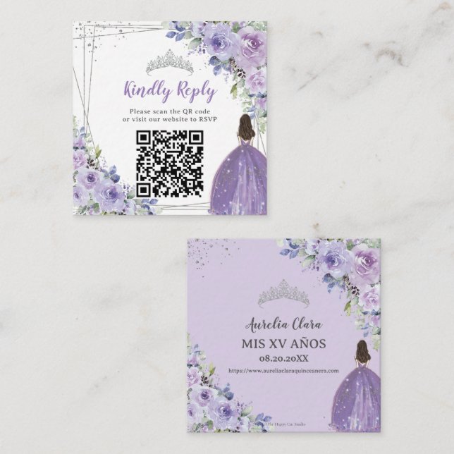 Lila Lilac Blommigt Silver Quinceañera QR-kod Tilläggskort (Fram/baksida)