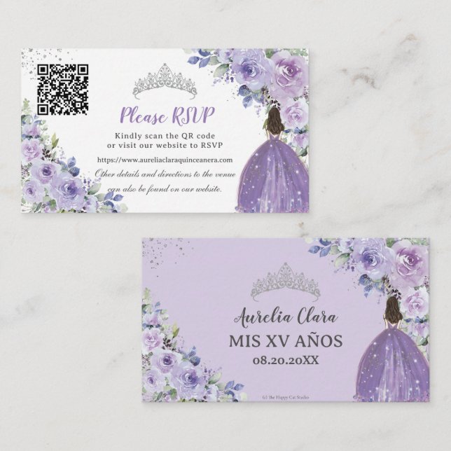 Lila Lilac Blommigt Silver Quinceañera QR-kod Tilläggskort (Fram/baksida)