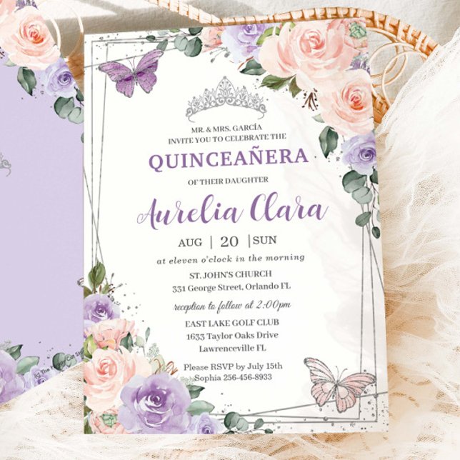 Lila Lilac  Blommigt Silver Quinceañera XV 16 Inbjudningar (Skapare uppladdad)