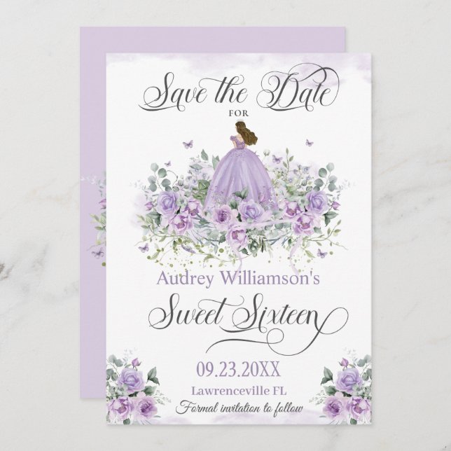Lila Lilac Blommigt Sweet sixteen 16:e födelsedage Spara Datumet (Fram/baksida)