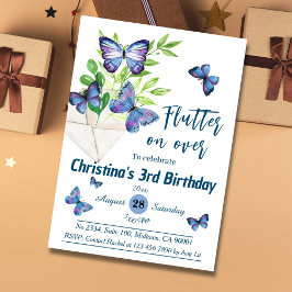 Lila lilac & blue butterfly Tema 3:e födelsedag Inbjudningar