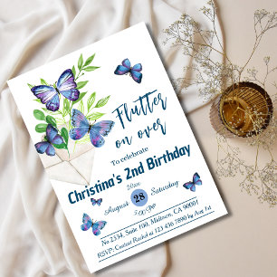 Lila lilac & blue butterfly thema 2:a födelsedag inbjudningar