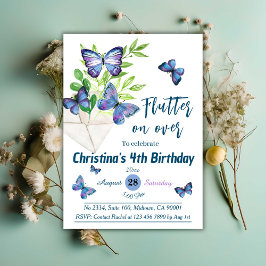 Lila lilac & blue butterfly themed 4e födelsedagen inbjudningar