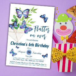 Lila lilac & blue butterfly themed 6e födelsedag inbjudningar