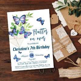 Lila lilac & blue butterfly themed 7:e födelsedag inbjudningar
