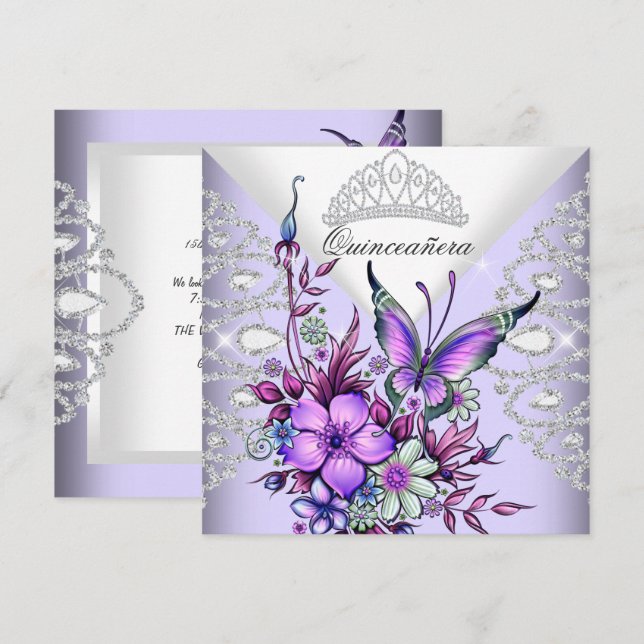 Lila Lilac Butterfly Tiara Quinceanera Blommigt Inbjudningar (Fram/baksida)