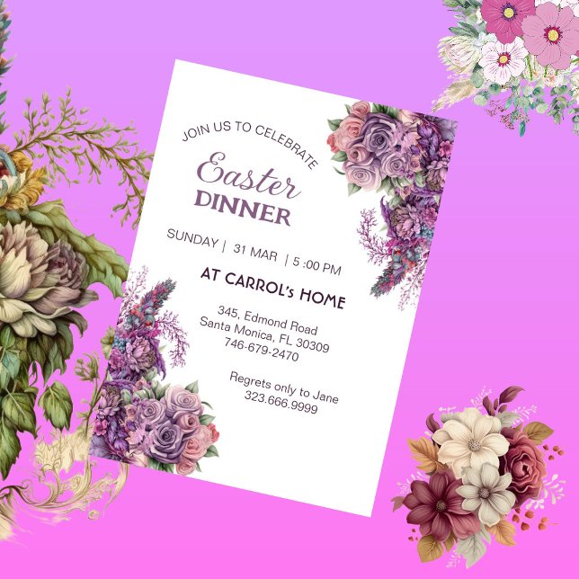 Lila Lilac Flora Rustic Ro Påsk Dinner Party Inbjudningar (Purple Lilac Flora Rustic Rose Easter Dinner Party Invitation)
