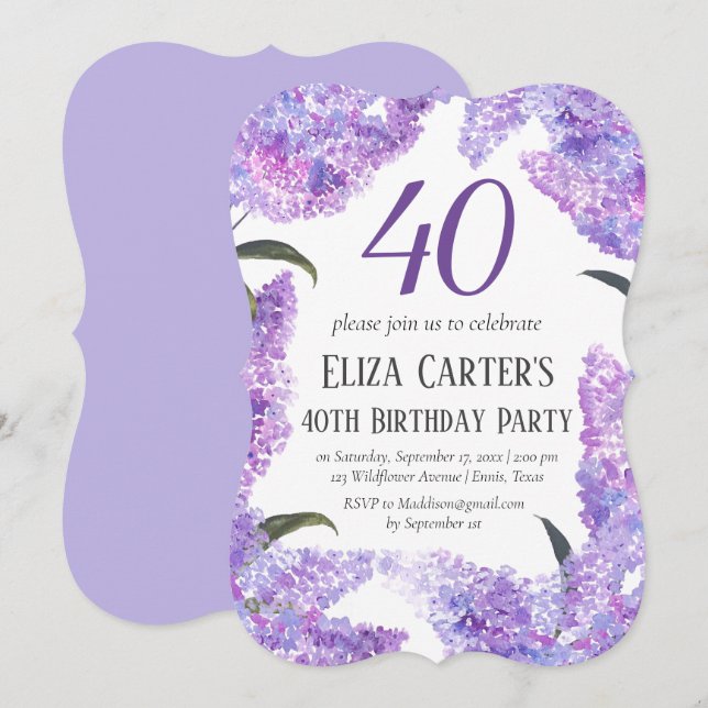 Lila Lilac Flowers 40:e födelsedagen fyrtio Elegan Inbjudningar (Fram/baksida)