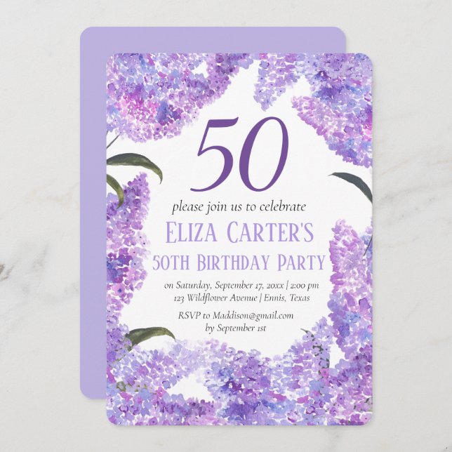 Lila Lilac Flowers 50:e födelsedagen Wildblomma Inbjudningar (Fram/baksida)