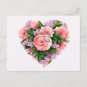 Lila Lilac Flowers och Rosa ros Blommigt Heart Vykort