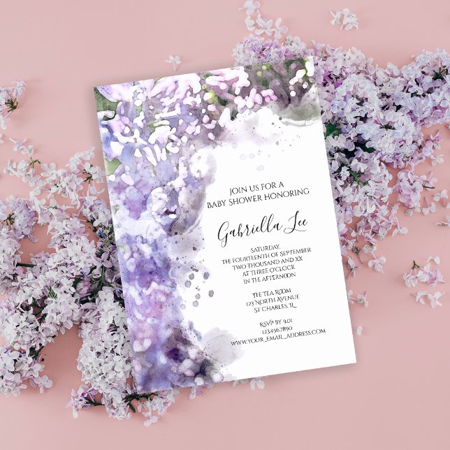 Lila Lilac Flowers Watercolor Baby Shower Inbjudningar (Skapare uppladdad)
