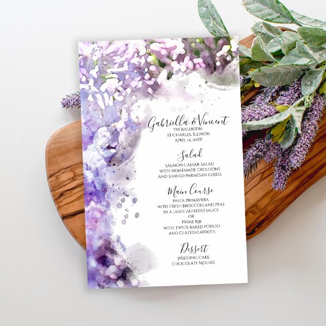 Lila Lilac Flowers Watercolor Bröllop Menu (Skapare uppladdad)