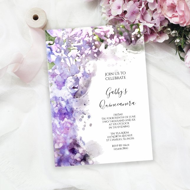 Lila Lilac Flowers Watercolor Quinceanera Party Inbjudningar (Skapare uppladdad)