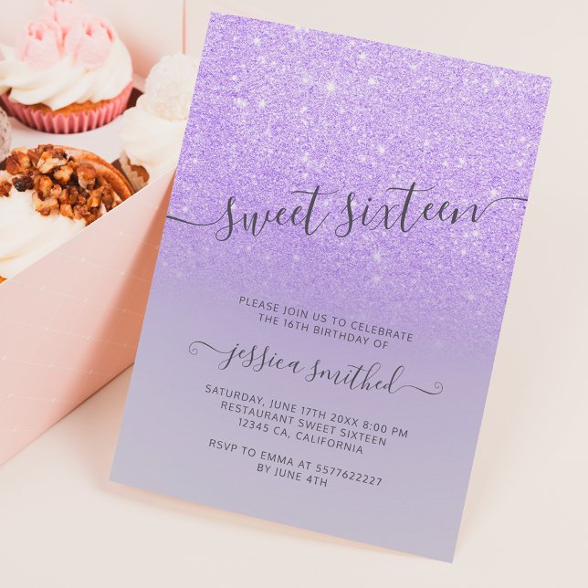 Lila lilac glitter elegant typografi Söt 16 Inbjudningar (Skapare uppladdad)