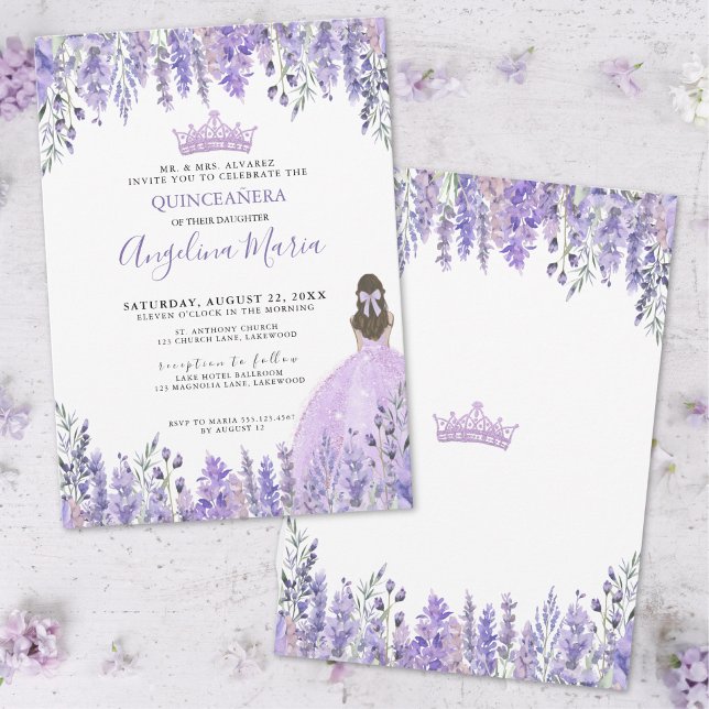 Lila Lilac Glitter Tiara Blommigt Quinceañera Inbjudningar (Purple Lilac Glitter Tiara Floral Quinceañera Invitation)