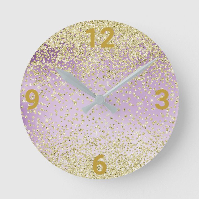 Lila Lilac Guld Crystal Modern Wall Clock Rund Klocka (Framsida)