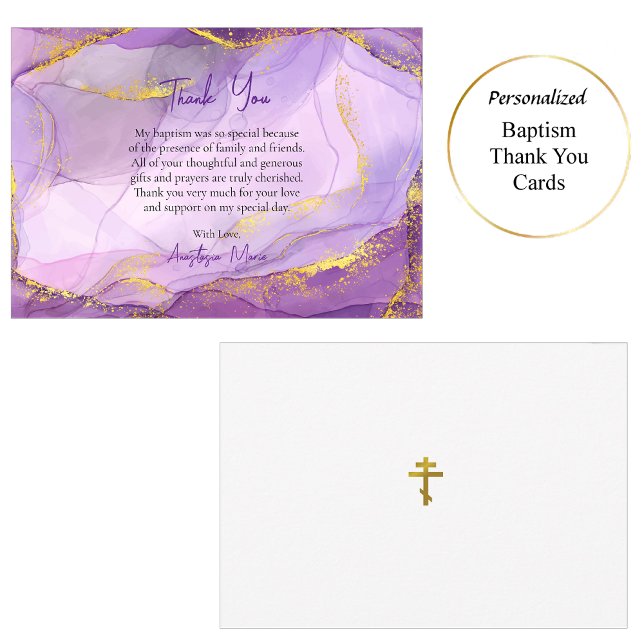 Lila Lilac Guld Marble Orthodox Baptism Tack Kort (Skapare uppladdad)