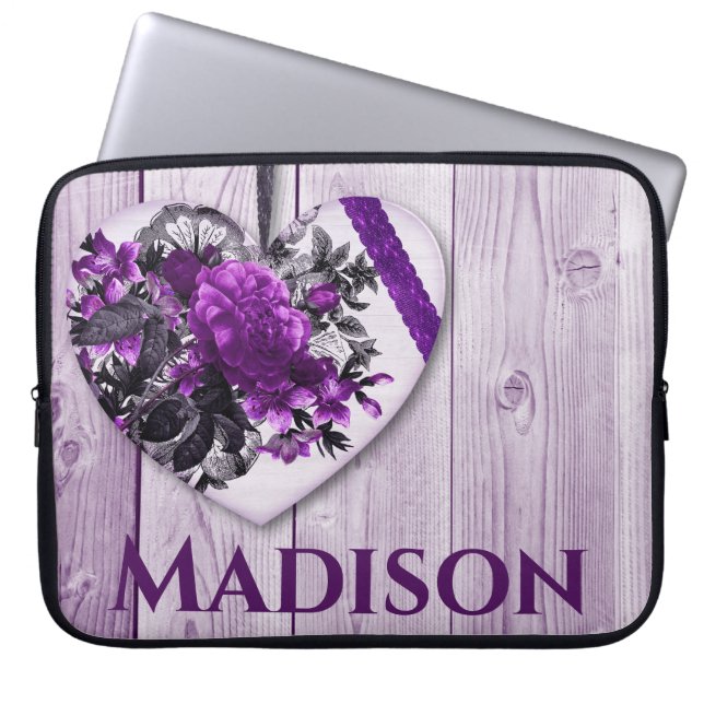 Lila Lilac Heart och Flowers med eget namn Laptop Fodral (Framsidan)