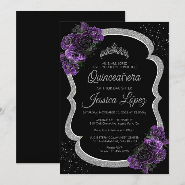 Lila Lilac Lavender Blommigt Quinceañera Silver Inbjudningar (Fram/baksida)