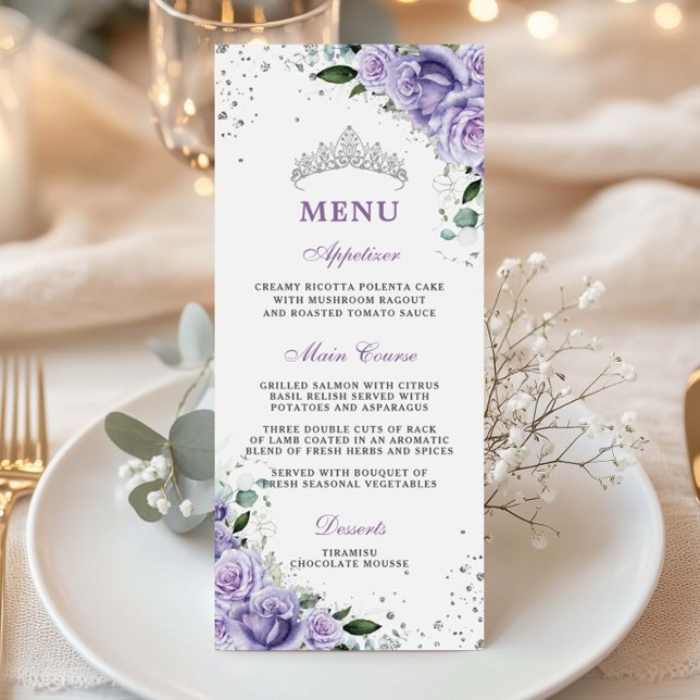 Lila Lilac Lavender Blommigt Quinceañera XV Menu Program (purple-lilac-lavender-roses-flowers-floral-silver-crown-quinceanera-quince-xv-15-sweet-16-menu-card)