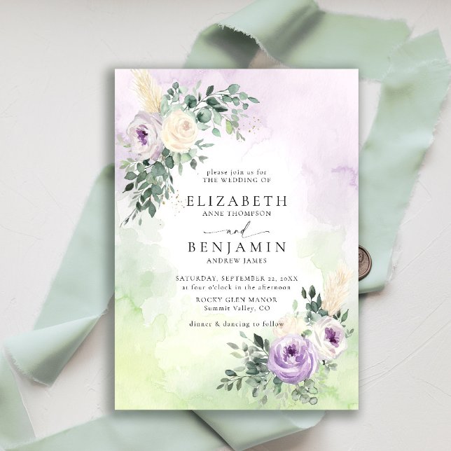 Lila Lilac Lavender Boho Chic Blommigt Bröllop Inbjudningar (purple lavender lilac wedding invitation watercolor elegant rustic floral garden romantic brunch)
