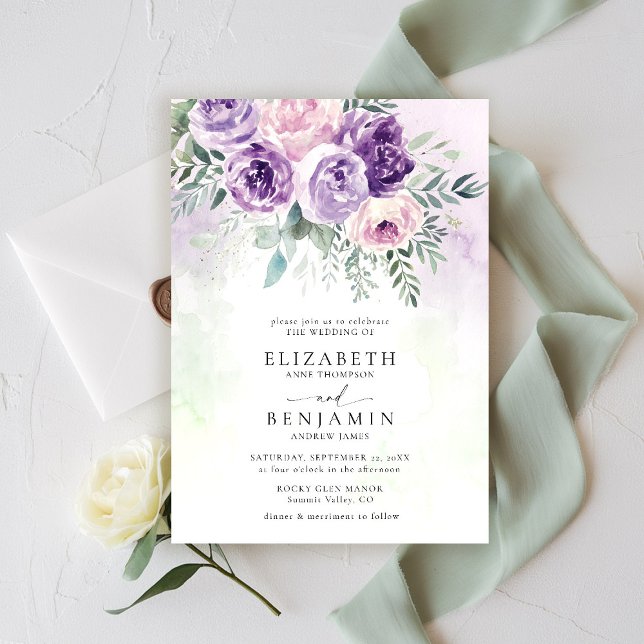 Lila Lilac Lavender Romantic Chic Blommigt Bröllop Inbjudningar (purple lavender lilac wedding invitation watercolor floral garden romantic rustic elegant )