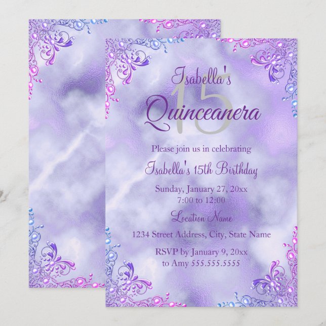 Lila Lilac Quinceanera 15:e Silver Pearl Damask Inbjudningar (Fram/baksida)