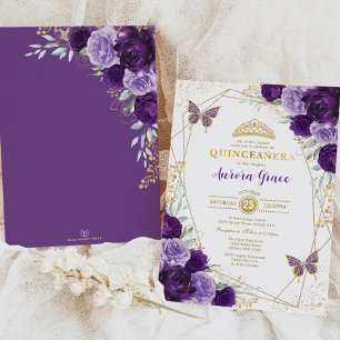 Lila Lilac Quinceañera Guld Tiara Geometric Inbjudningar