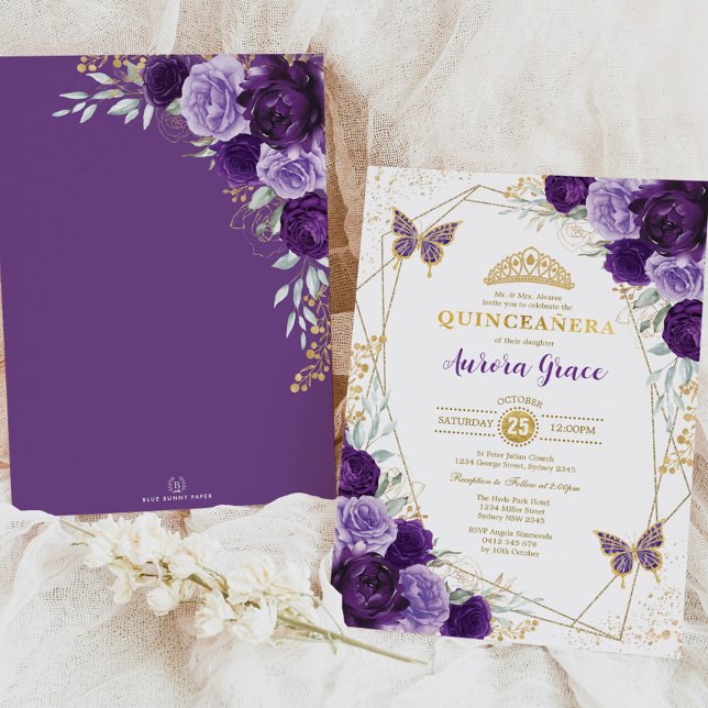 Lila Lilac Quinceañera Guld Tiara Geometric Inbjudningar (Skapare uppladdad)